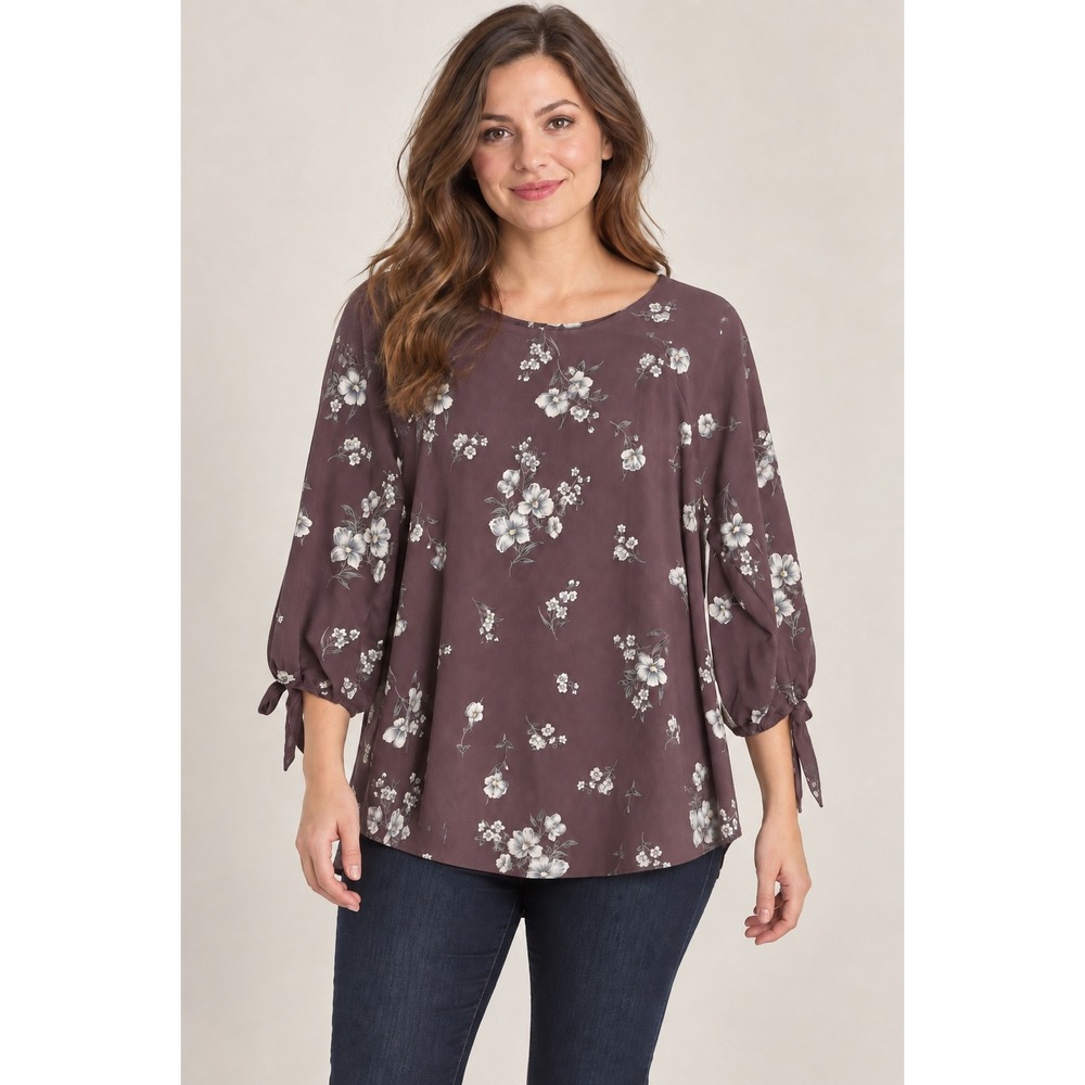 Papermoon Plum Purple Floral Tie Sleeve Blouse High Low Hem Back Zip Top